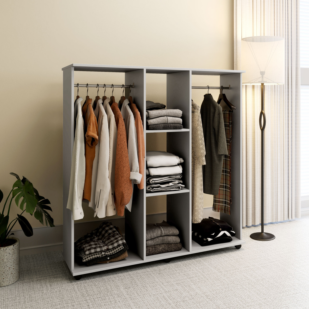 Mobile Double Rail Wardrobe on Wheels – Grey - JP Haus