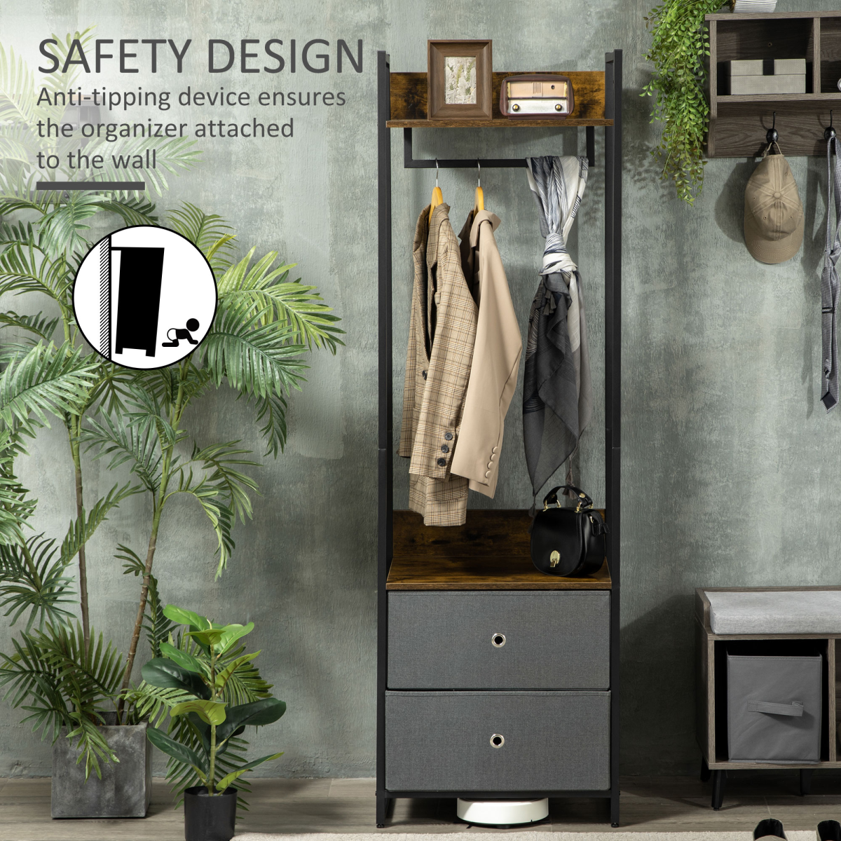 Industrial Clothes Rail with 2 Fabric Drawers – Rustic Brown - JP Haus