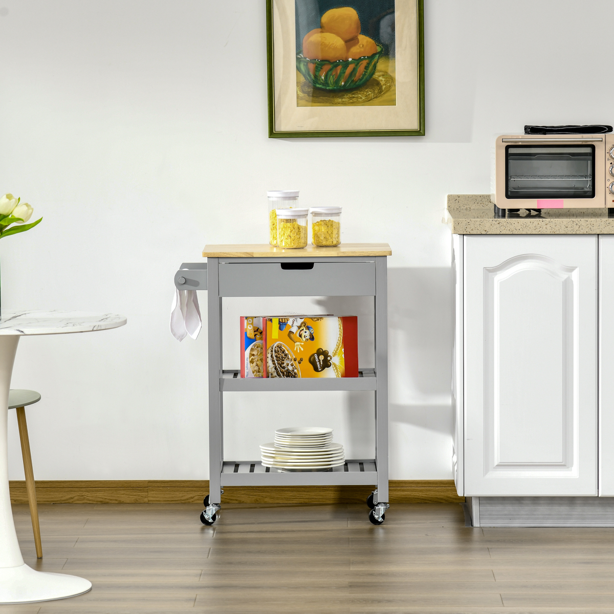 Kitchen Trolley on Wheels with Rubberwood Worktop & Towel Rack - JP Haus