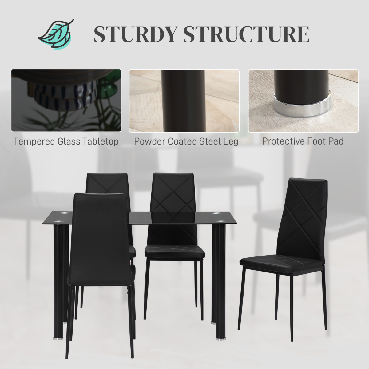 Glass & Steel Dining Table Set for 4 – Black - JP Haus