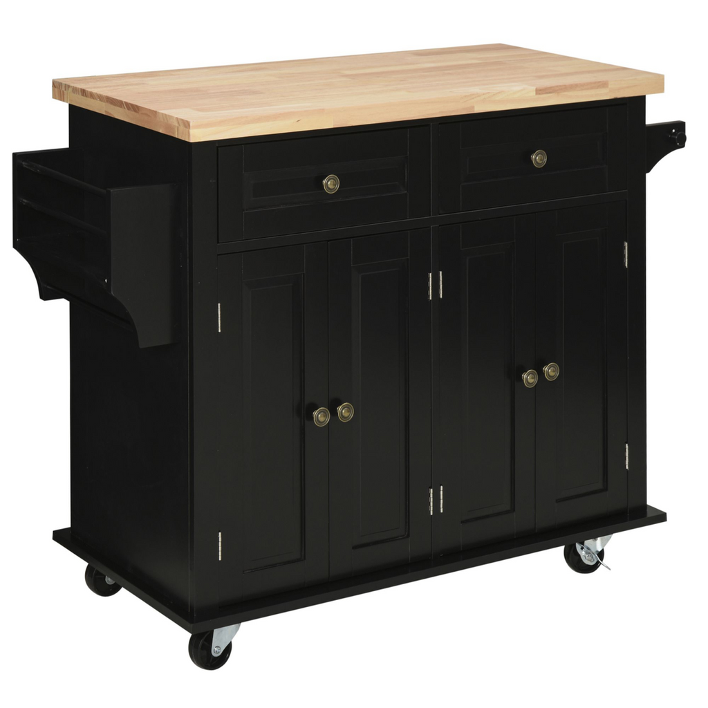 Rolling Kitchen Island Cart with Rubberwood Top – Black - JP Haus