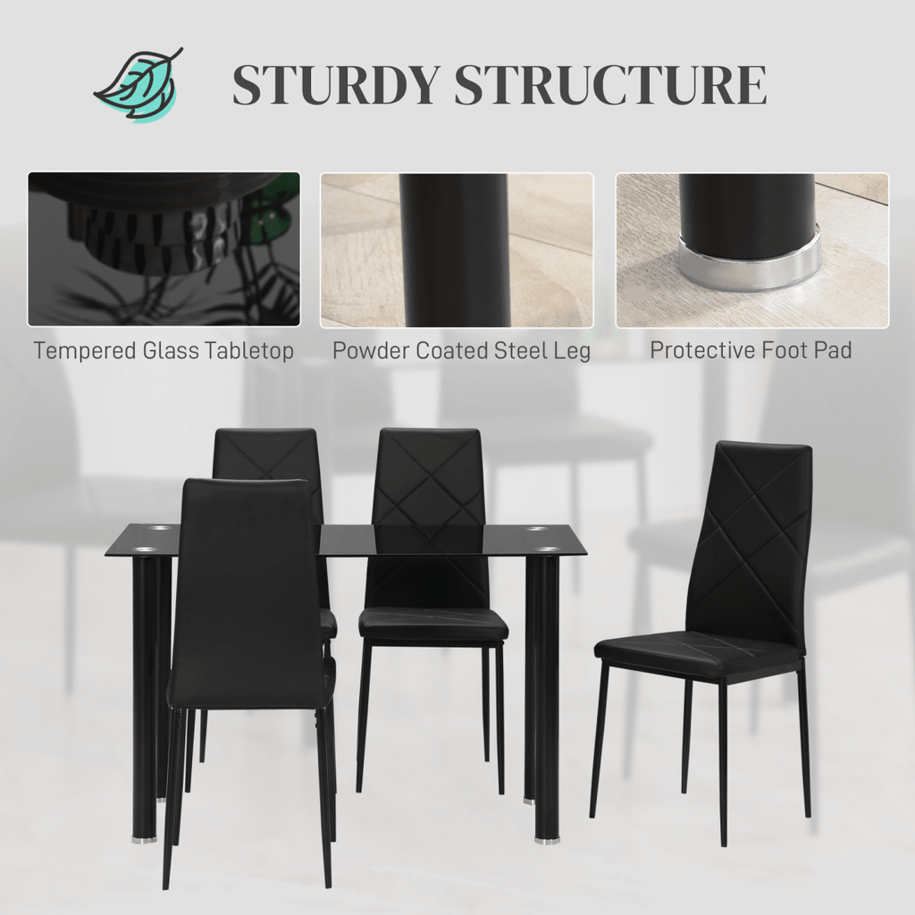 Glass & Steel Dining Table Set for 4 – Black - JP Haus