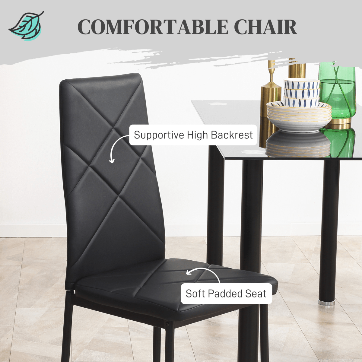 Glass & Steel Dining Table Set for 4 – Black - JP Haus
