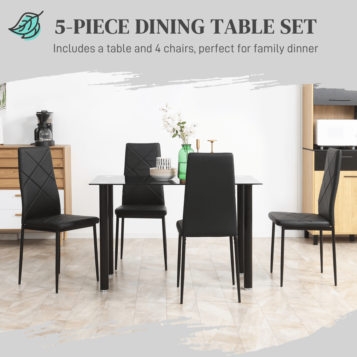 Glass & Steel Dining Table Set for 4 – Black - JP Haus