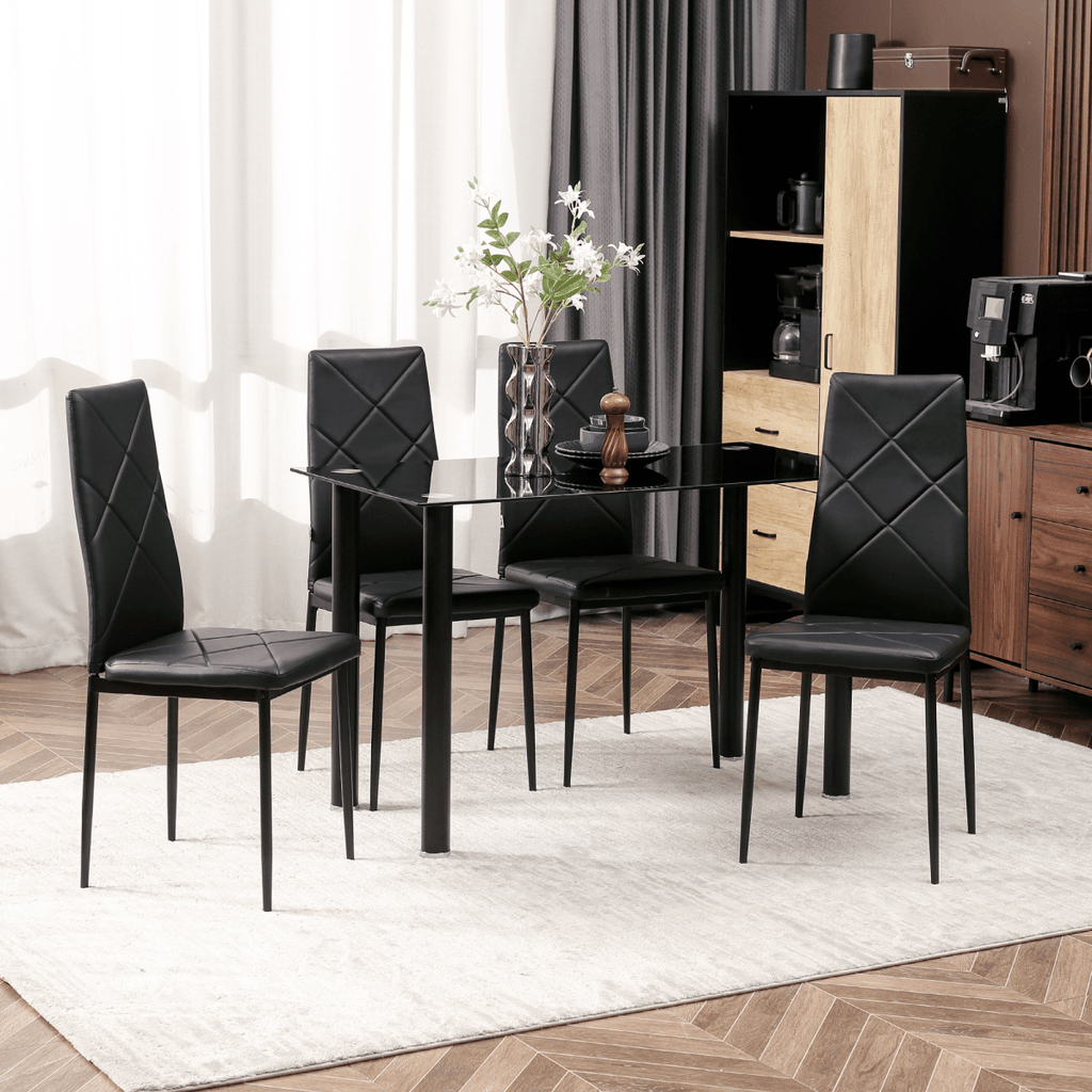 Glass & Steel Dining Table Set for 4 – Black - JP Haus