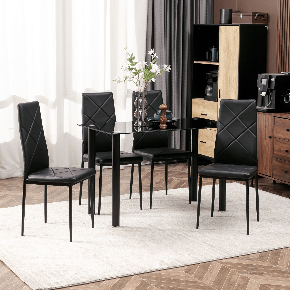 Glass & Steel Dining Table Set for 4 – Black - JP Haus
