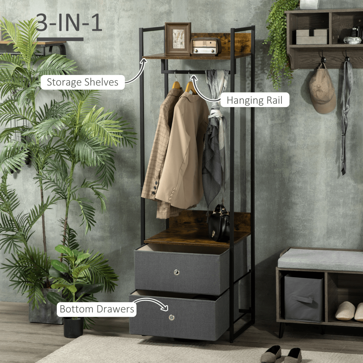 Industrial Clothes Rail with Drawers – Rustic Brown and 2 Fabric Drawers - JP Haus