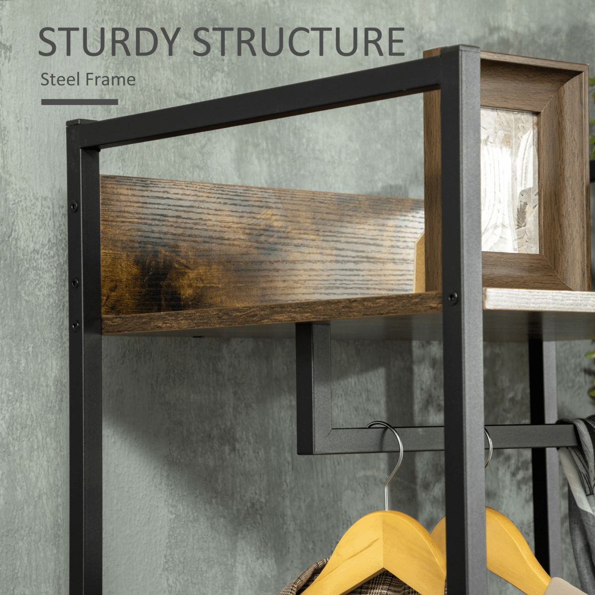 Industrial Clothes Rail with Drawers – Rustic Brown and 2 Fabric Drawers - JP Haus