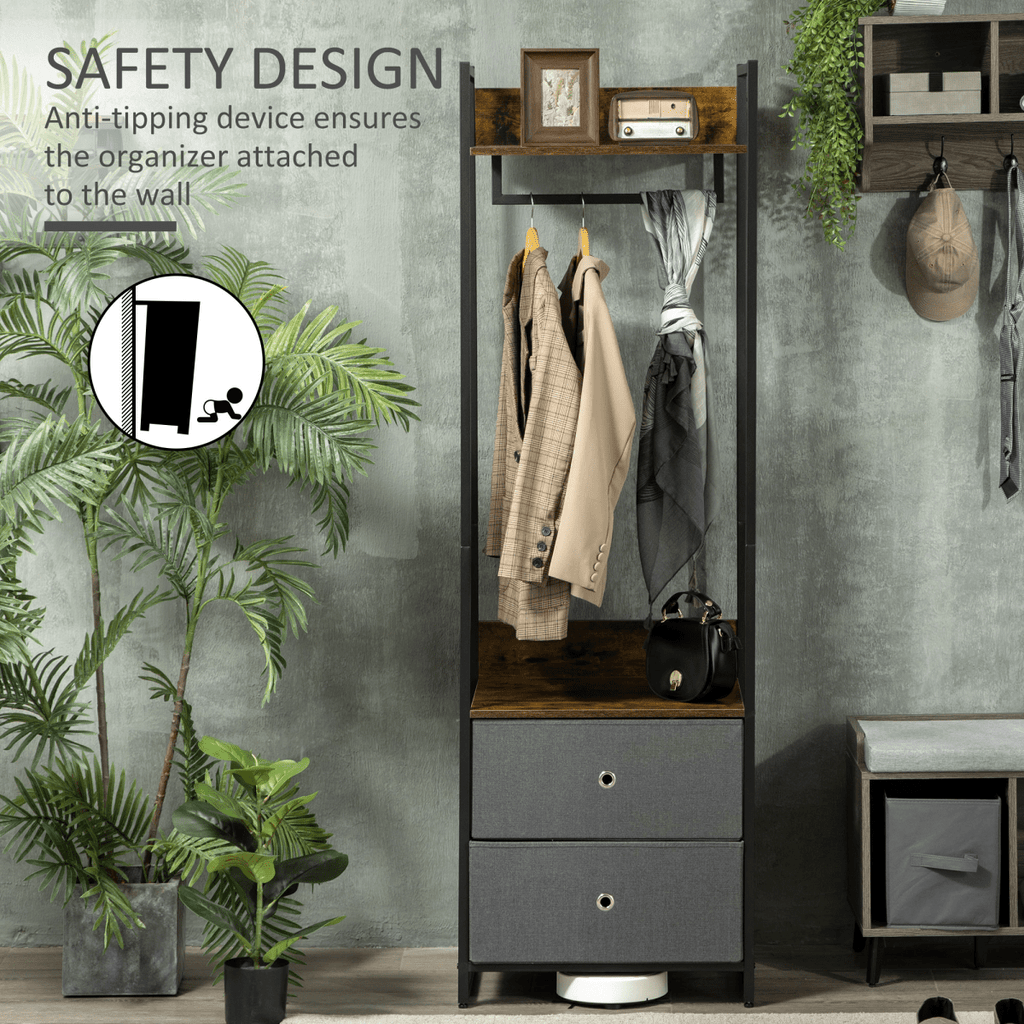 Industrial Clothes Rail with Drawers – Rustic Brown and 2 Fabric Drawers - JP Haus