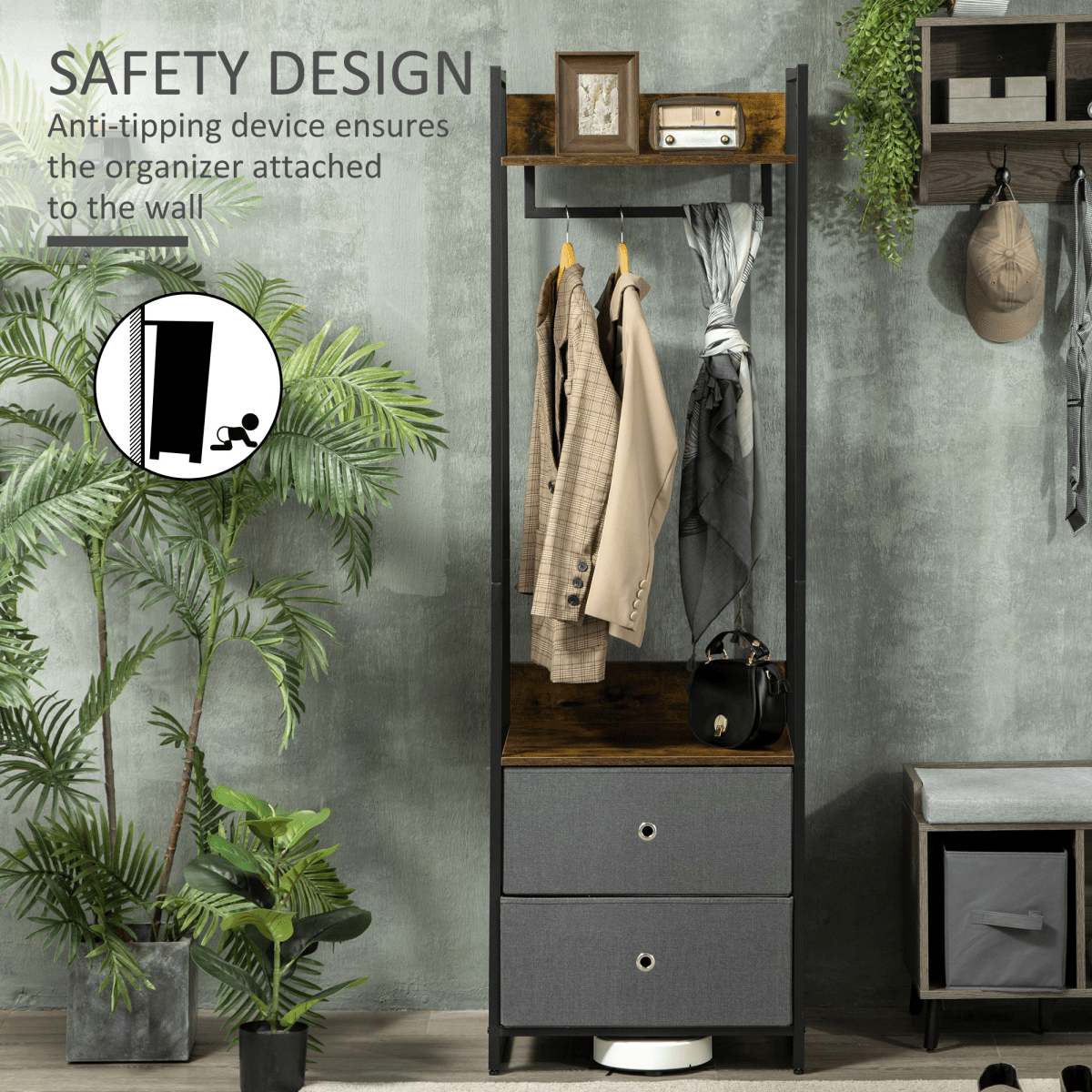Industrial Clothes Rail with Drawers – Rustic Brown and 2 Fabric Drawers - JP Haus
