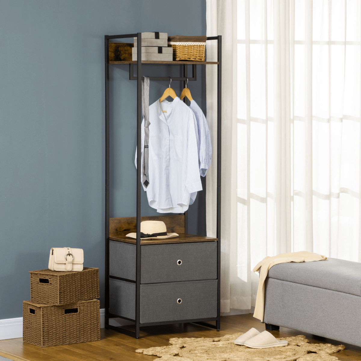Industrial Clothes Rail with Drawers – Rustic Brown and 2 Fabric Drawers - JP Haus