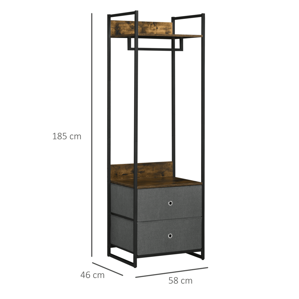 Industrial Clothes Rail with Drawers – Rustic Brown and 2 Fabric Drawers - JP Haus