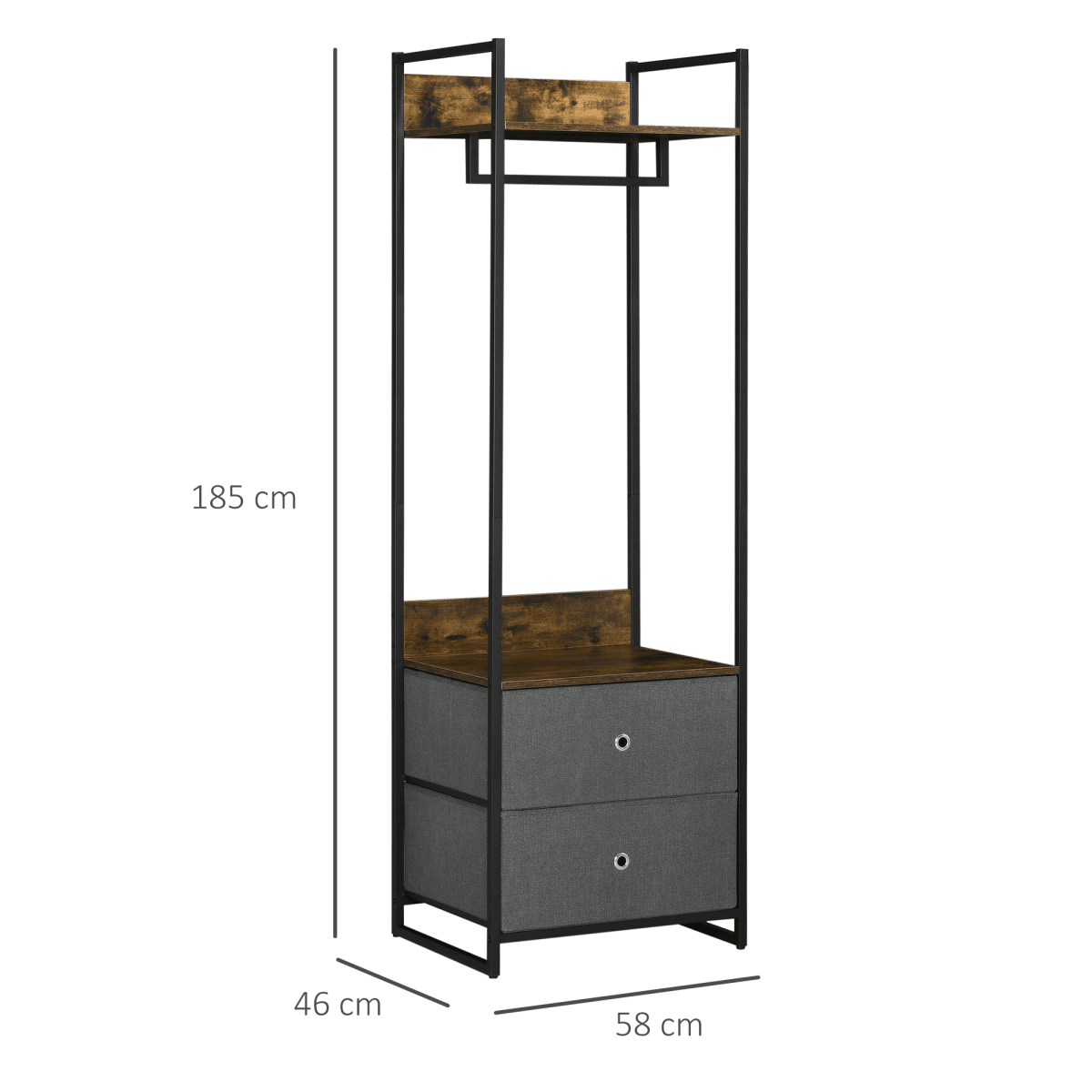 Industrial Clothes Rail with Drawers – Rustic Brown and 2 Fabric Drawers - JP Haus