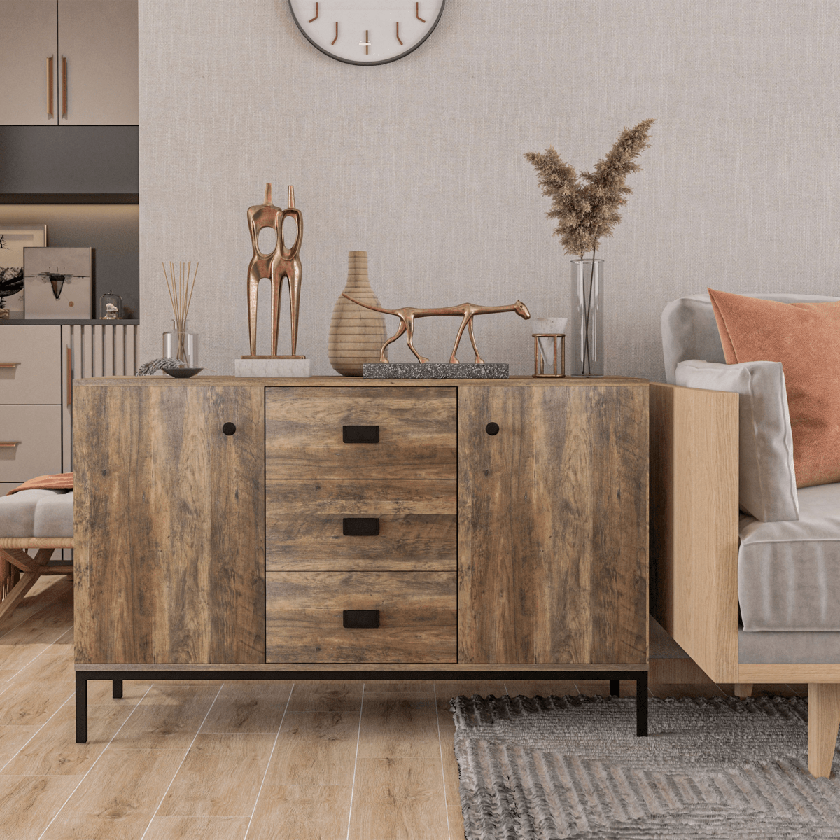 Industrial Sideboard with Cabinets and Drawers - 2 Cabinets & 3 Drawers in Distressed Brown - JP Haus