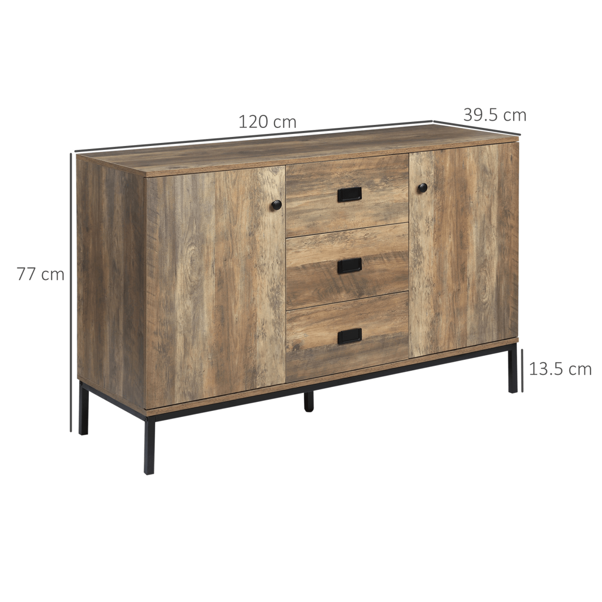 Industrial Sideboard with Cabinets and Drawers - 2 Cabinets & 3 Drawers in Distressed Brown - JP Haus