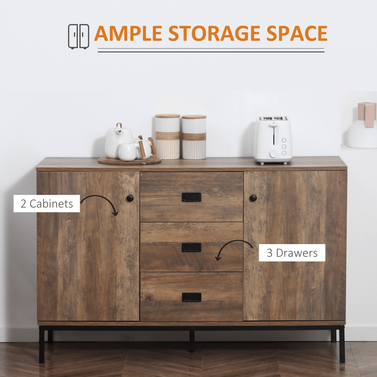 Industrial Sideboard with Cabinets and Drawers - 2 Cabinets & 3 Drawers in Distressed Brown - JP Haus