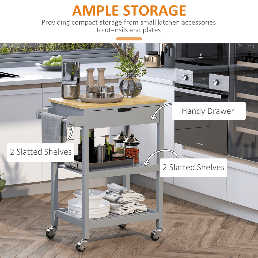 Kitchen Trolley on Wheels with Rubberwood Worktop and Towel Rack for Easy Mobility - JP Haus