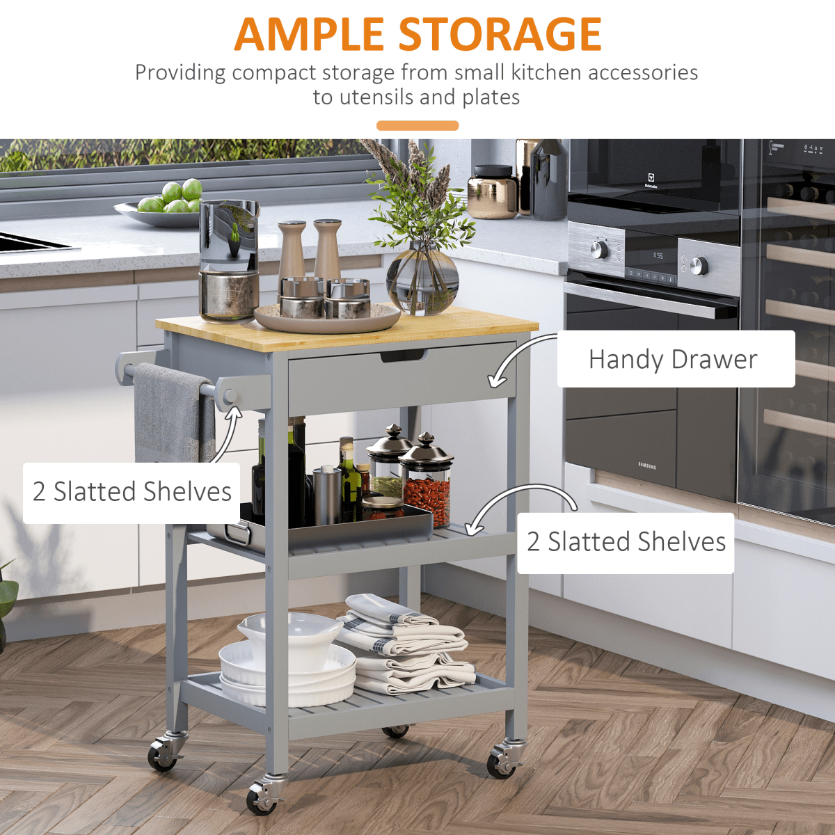 Kitchen Trolley on Wheels with Rubberwood Worktop and Towel Rack for Easy Mobility - JP Haus