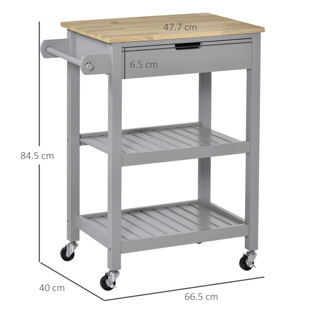 Kitchen Trolley on Wheels with Rubberwood Worktop and Towel Rack for Easy Mobility - JP Haus