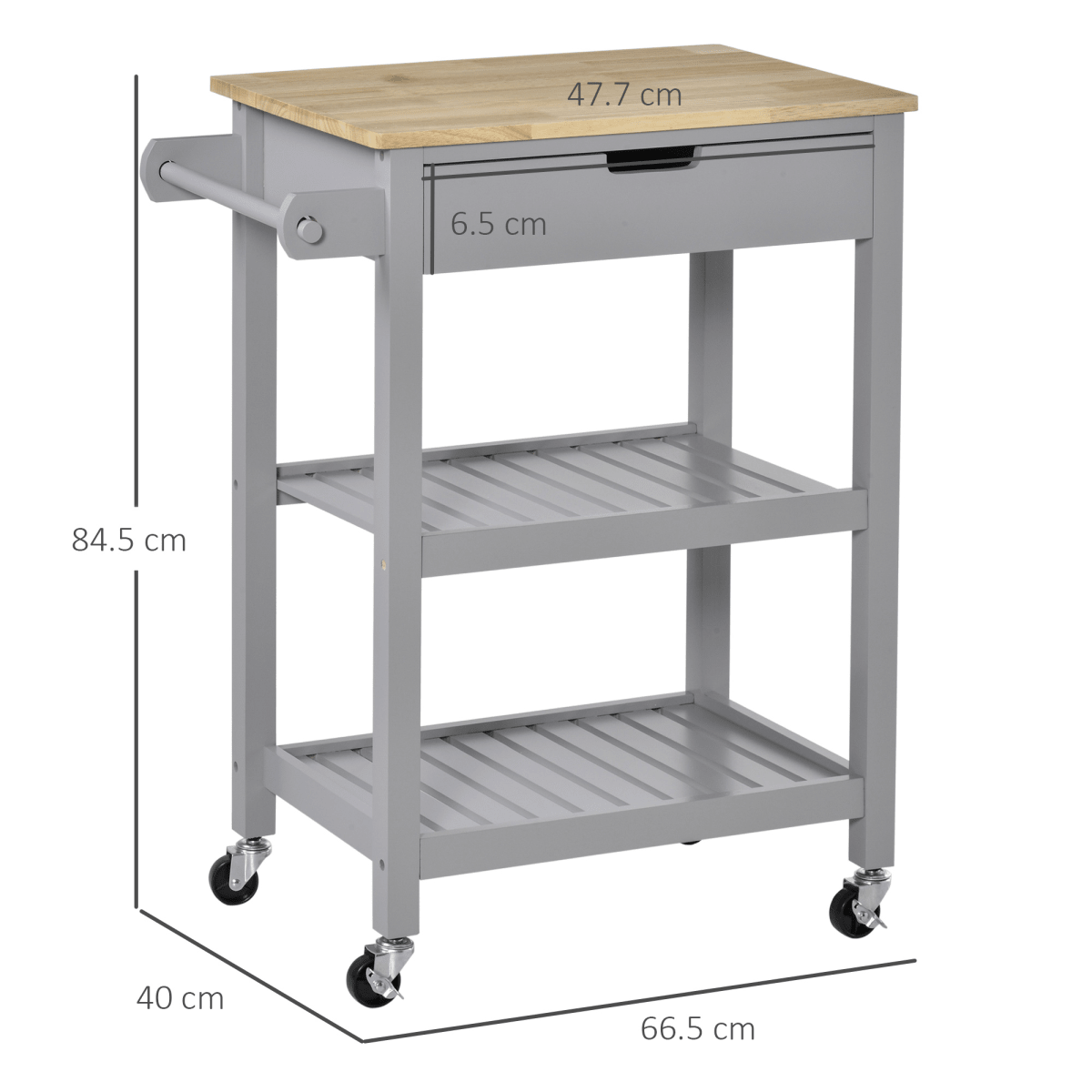 Kitchen Trolley on Wheels with Rubberwood Worktop and Towel Rack for Easy Mobility - JP Haus