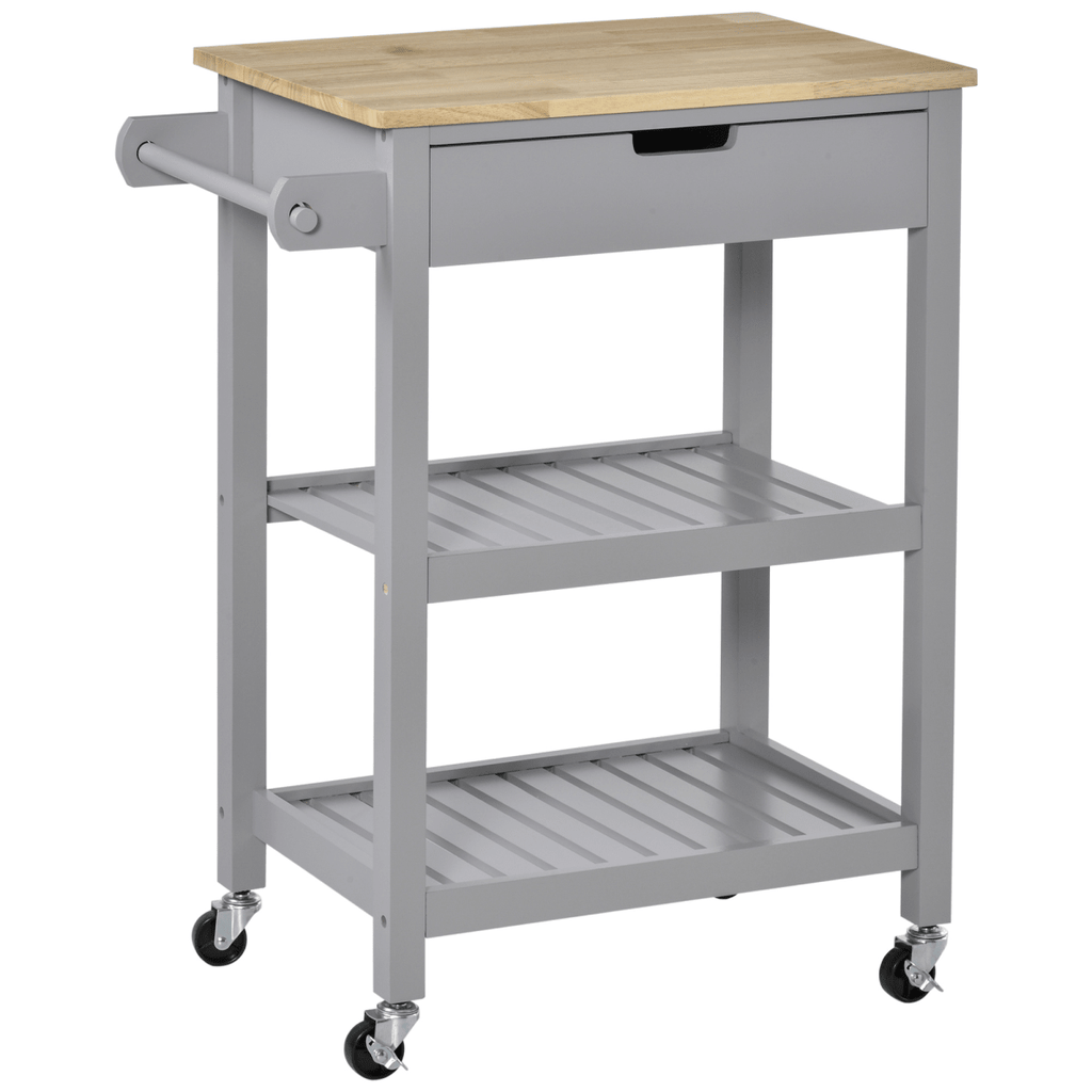 Kitchen Trolley on Wheels with Rubberwood Worktop and Towel Rack for Easy Mobility - JP Haus