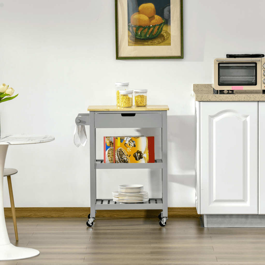 Kitchen Trolley on Wheels with Rubberwood Worktop and Towel Rack for Easy Mobility - JP Haus