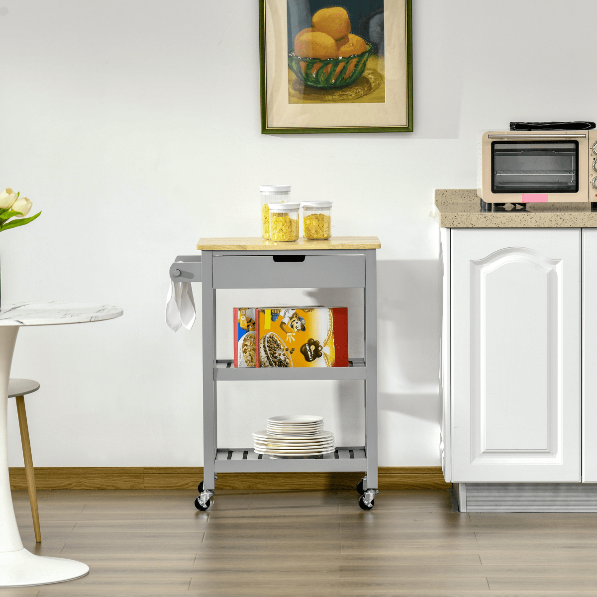 Kitchen Trolley on Wheels with Rubberwood Worktop and Towel Rack for Easy Mobility - JP Haus