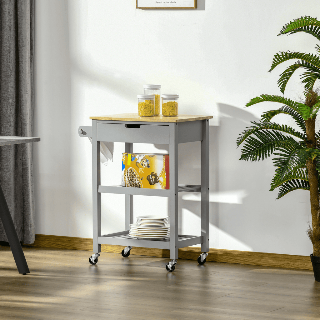 Kitchen Trolley on Wheels with Rubberwood Worktop and Towel Rack for Easy Mobility - JP Haus