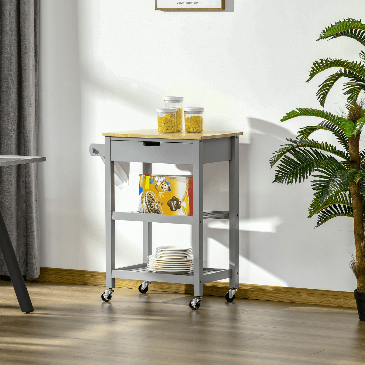 Kitchen Trolley on Wheels with Rubberwood Worktop and Towel Rack for Easy Mobility - JP Haus