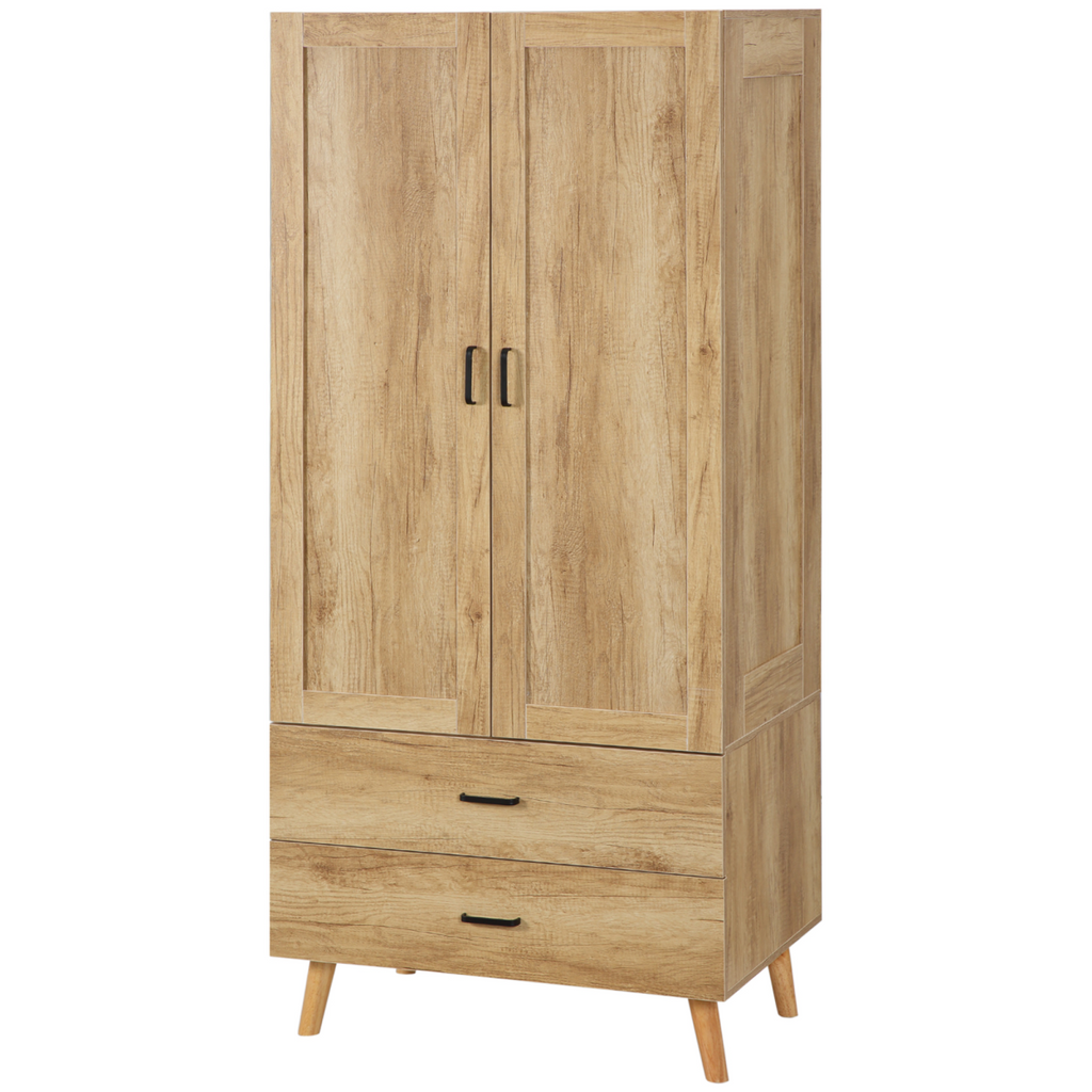 2-Door Wardrobe with 2 Drawers & Hanging Rail – Natural Wood Effect - JP Haus