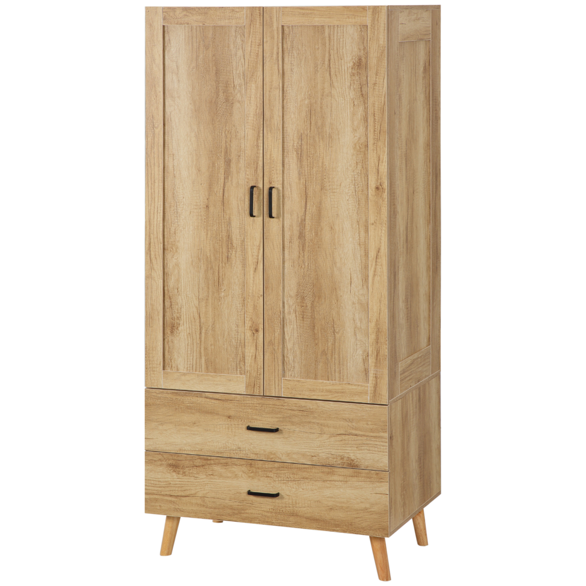 2-Door Wardrobe with 2 Drawers & Hanging Rail – Natural Wood Effect - JP Haus