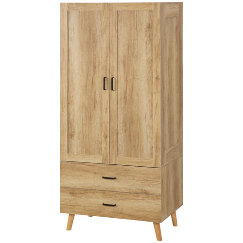 2-Door Wardrobe with 2 Drawers & Hanging Rail – Natural Wood Effect - JP Haus