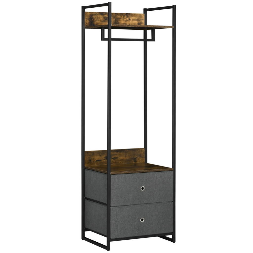 Industrial Clothes Rail with 2 Fabric Drawers – Rustic Brown - JP Haus