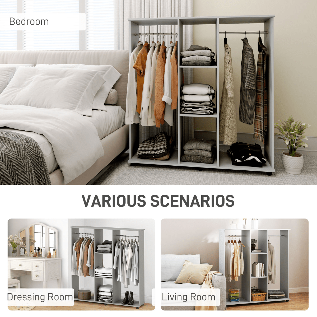Mobile Wardrobe on Wheels – Double Rail in Grey - JP Haus