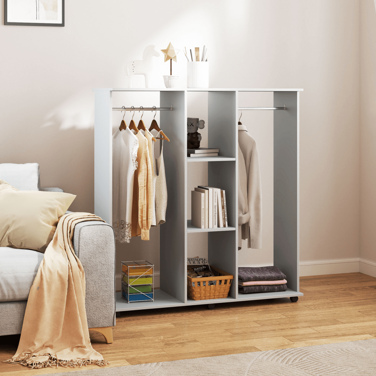 Mobile Wardrobe on Wheels – Double Rail in Grey - JP Haus