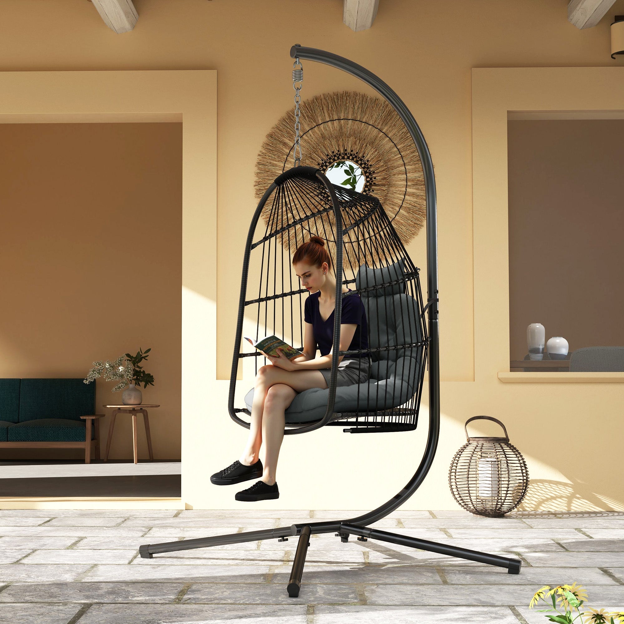 Outsunny Rattan Egg Chair with Installation Kit, Indoor Outdoor Swing Chair - JP Haus