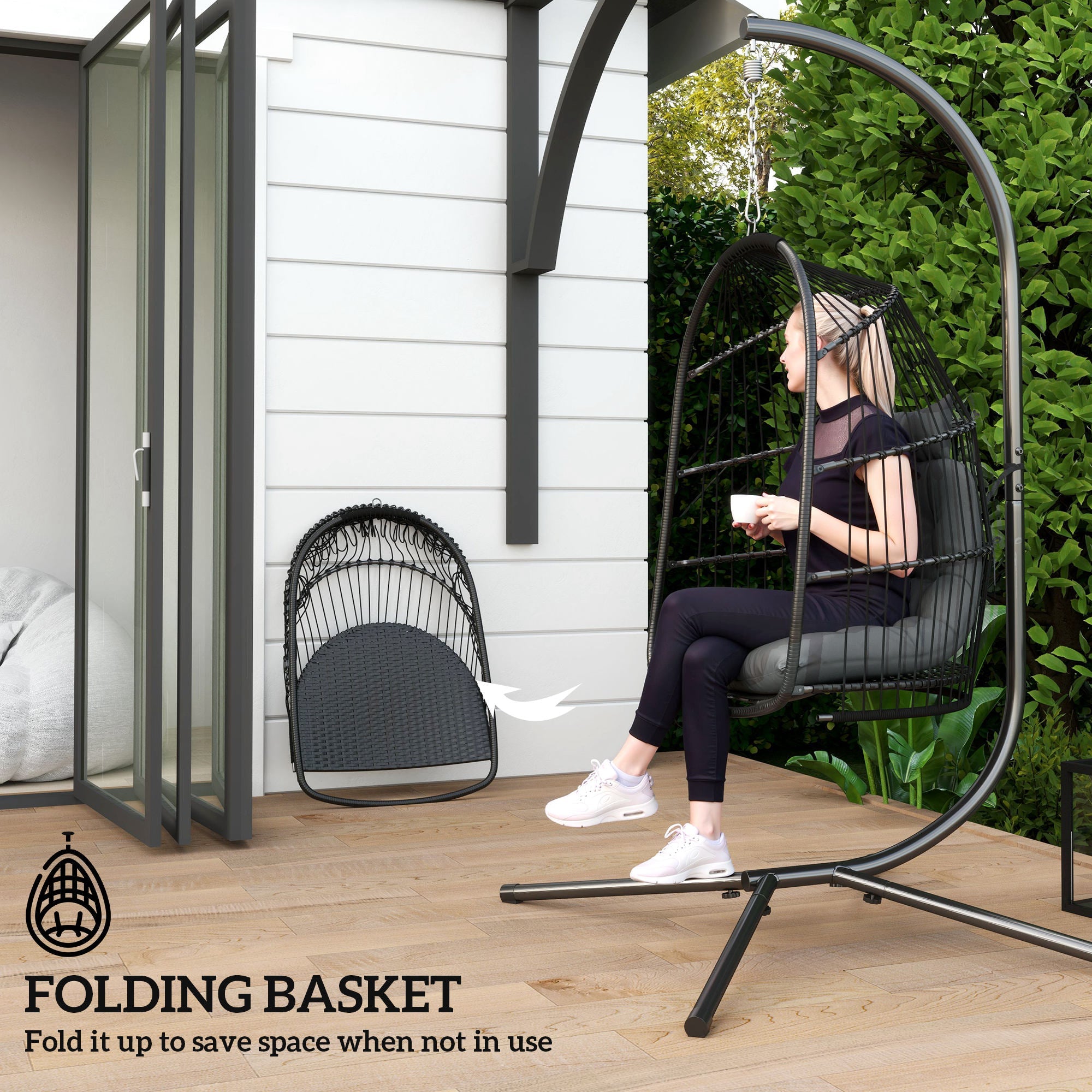 Outsunny Rattan Egg Chair with Installation Kit, Indoor Outdoor Swing Chair - JP Haus