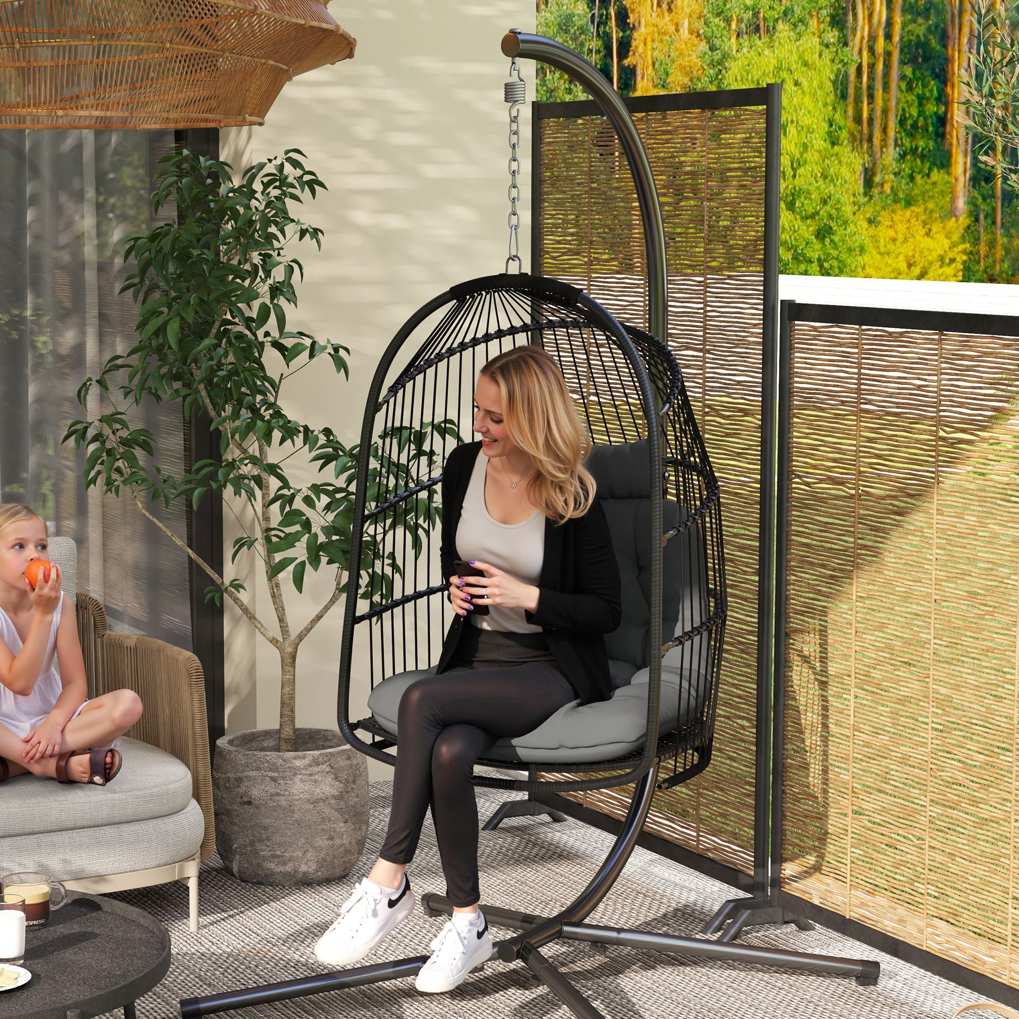 Outsunny Rattan Egg Chair with Installation Kit, Indoor Outdoor Swing Chair - JP Haus