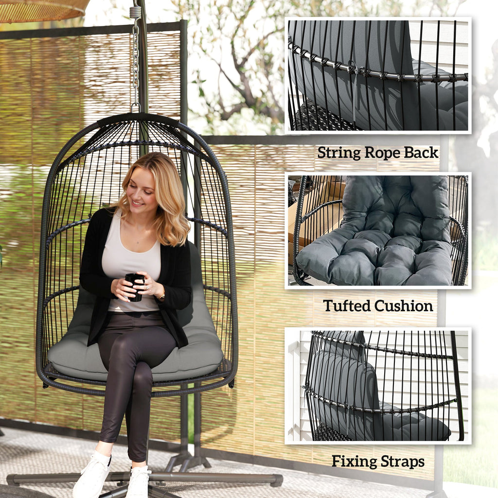Outsunny Rattan Egg Chair with Installation Kit, Indoor Outdoor Swing Chair - JP Haus