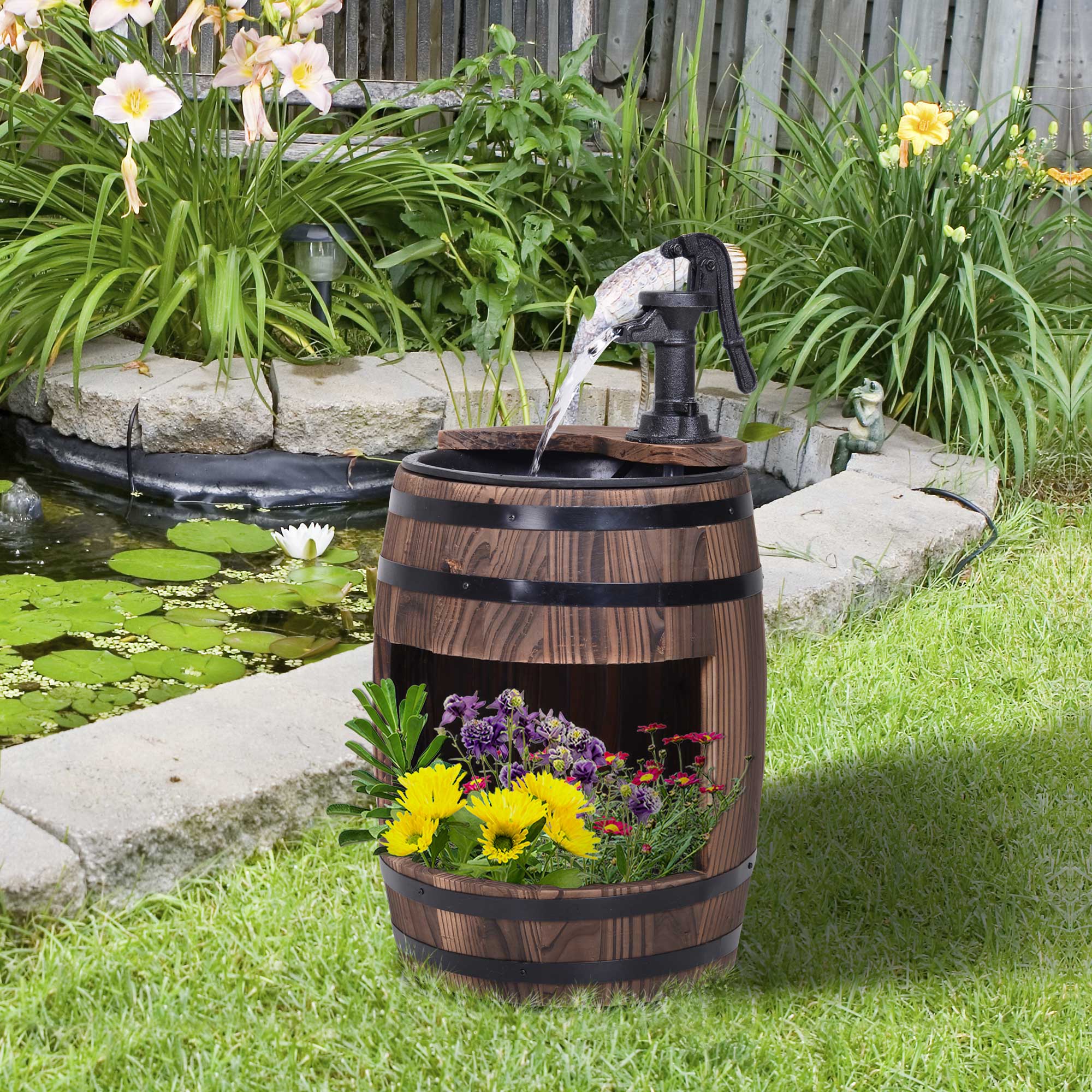 Retro Wood Barrel Fountain - Charming Garden Water Pump Decor - JP Haus