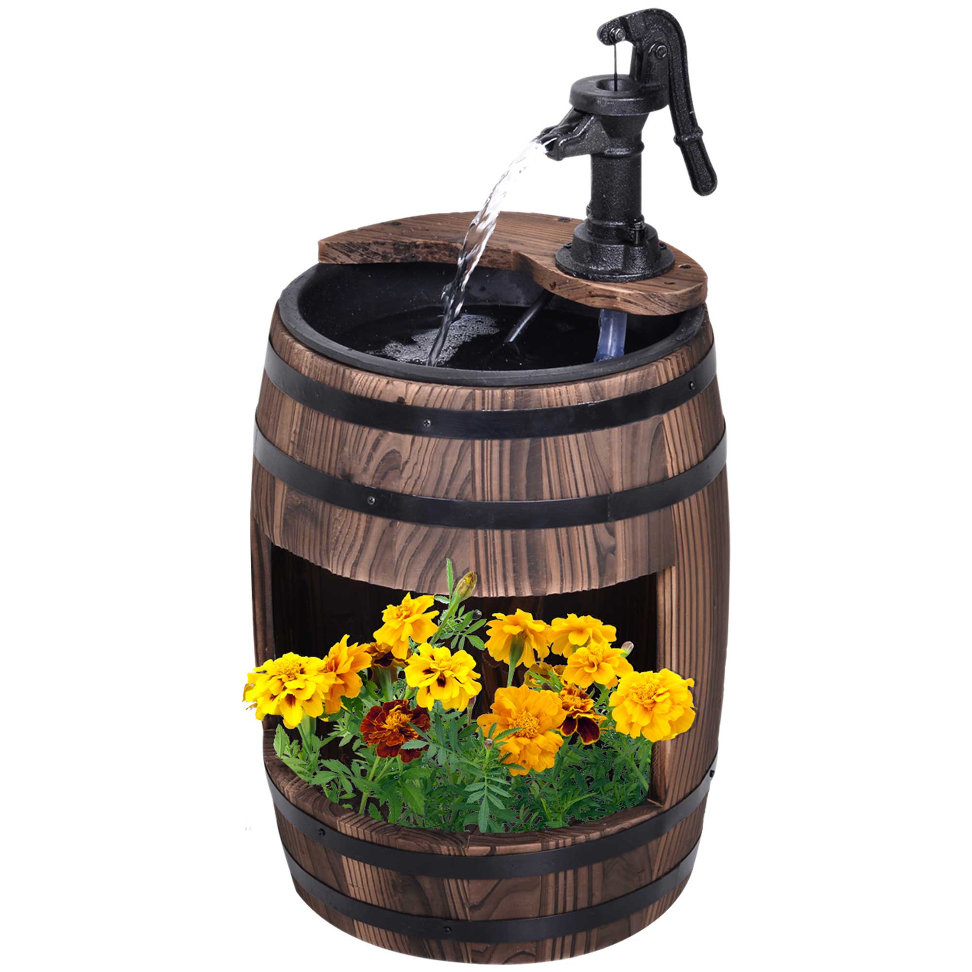 Retro Wood Barrel Fountain - Charming Garden Water Pump Decor - JP Haus