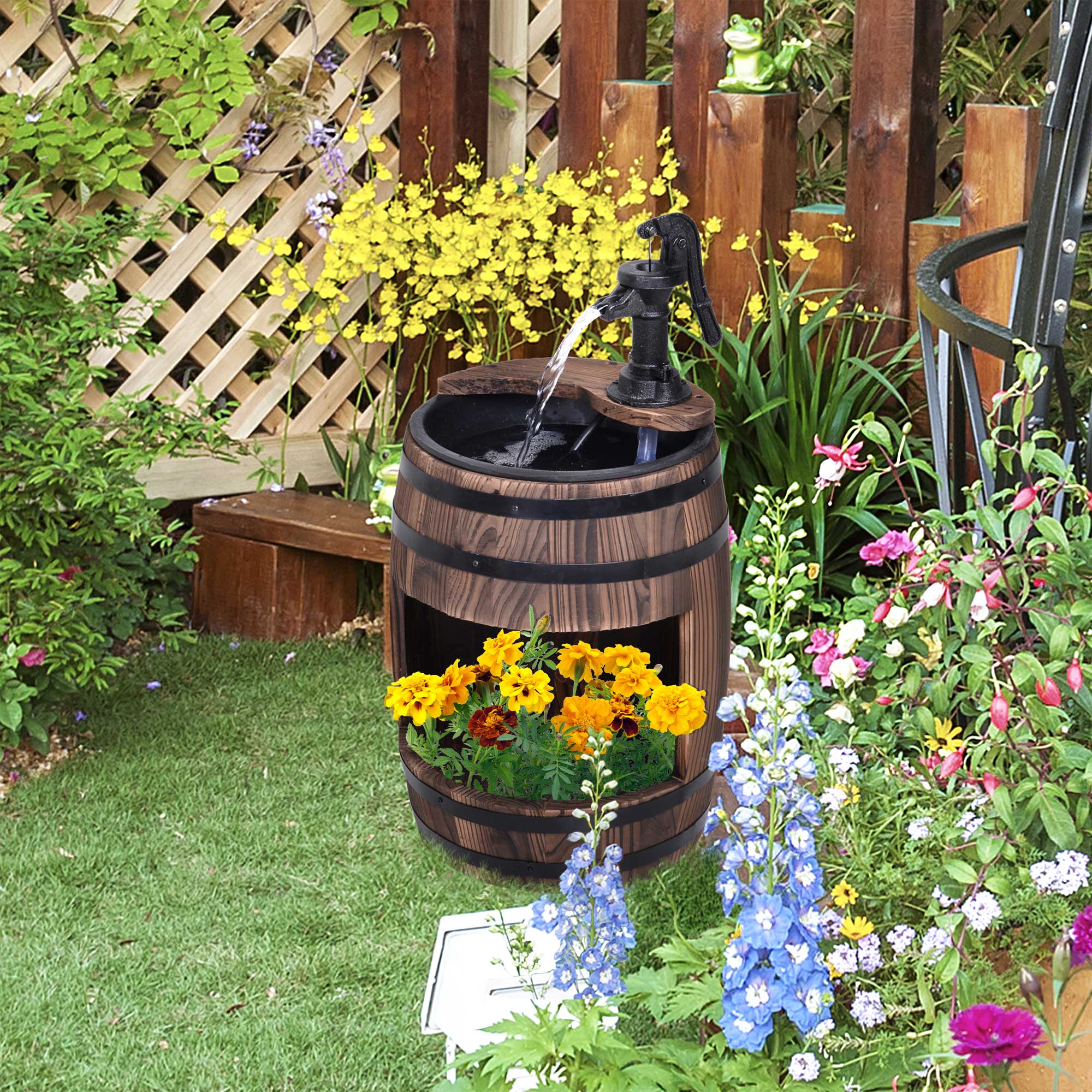 Retro Wood Barrel Fountain - Charming Garden Water Pump Decor - JP Haus