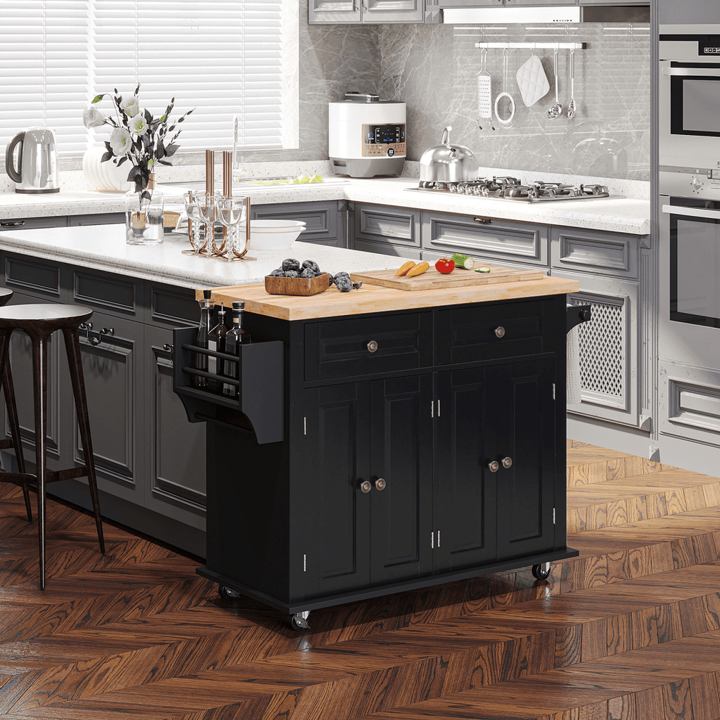 Rolling Kitchen Island Cart with Black Rubberwood Top and Storage Solutions - JP Haus