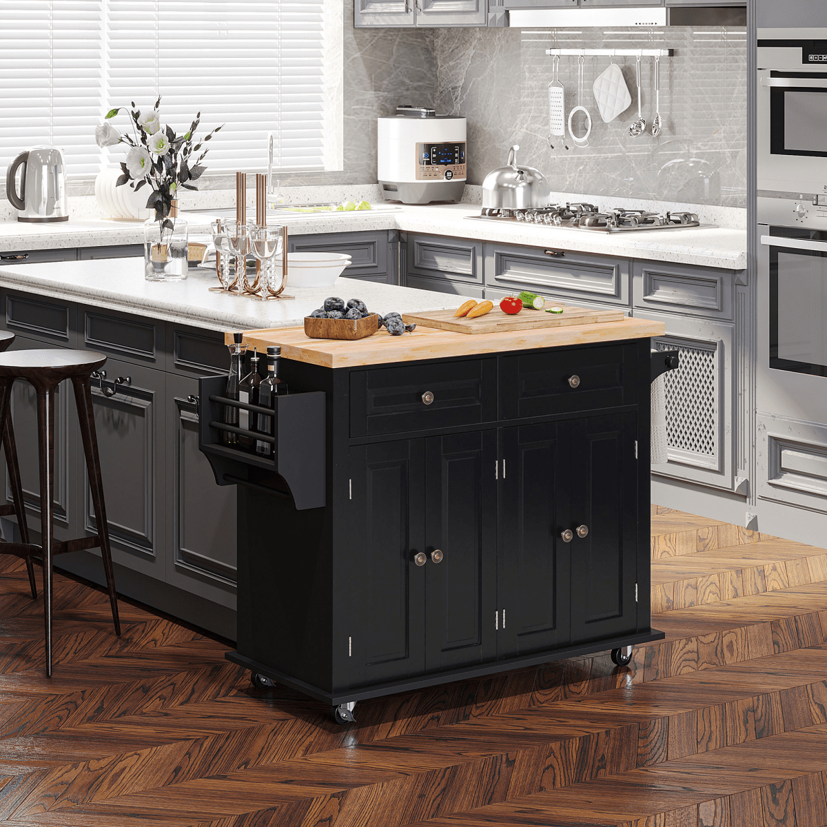 Rolling Kitchen Island Cart with Black Rubberwood Top and Storage Solutions - JP Haus