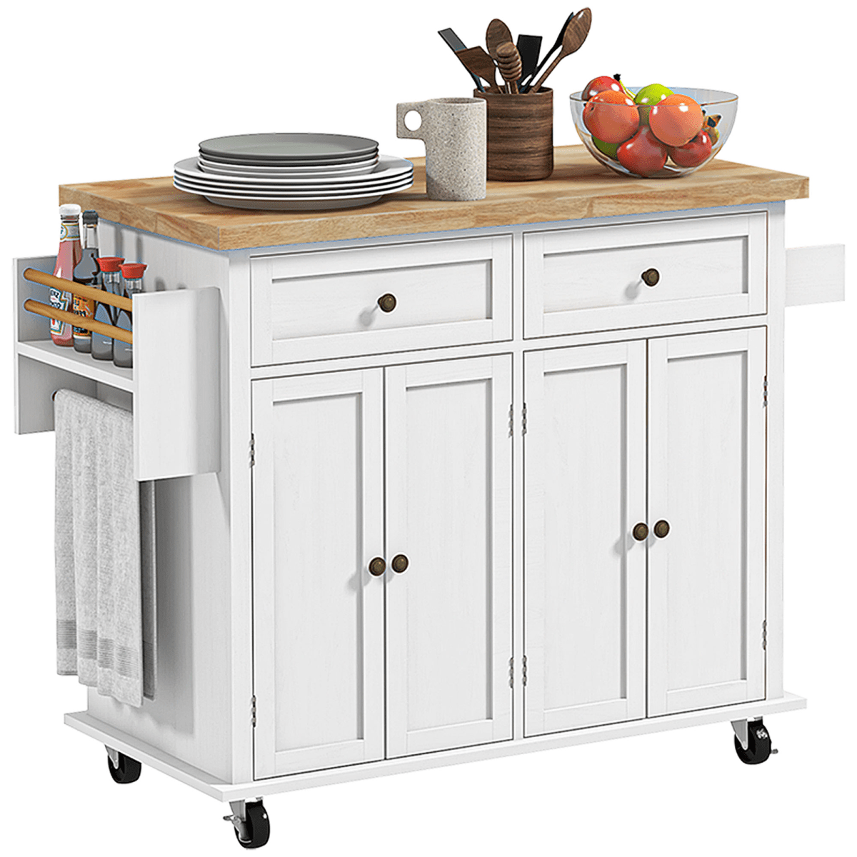 Rolling Kitchen Island Cart with Black Rubberwood Top and Storage Solutions - JP Haus