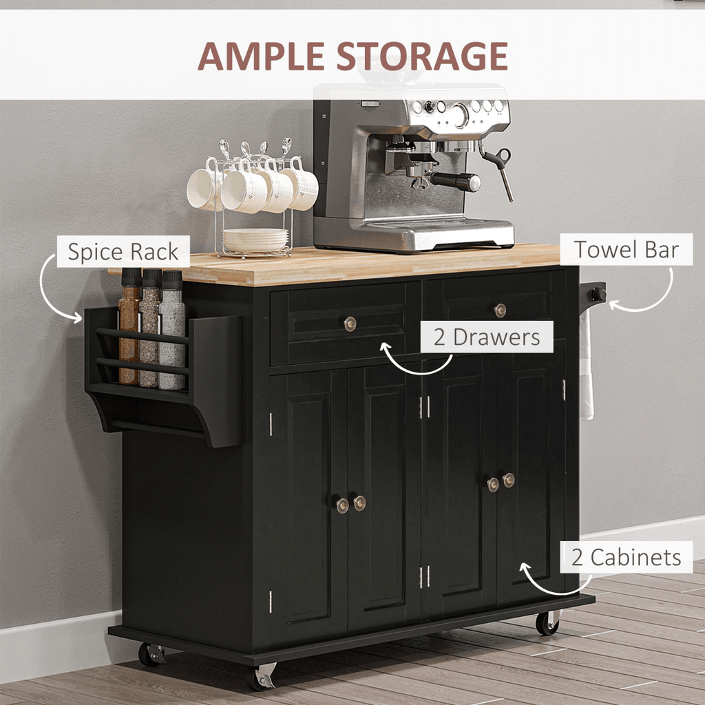 Rolling Kitchen Island Cart with Black Rubberwood Top and Storage Solutions - JP Haus
