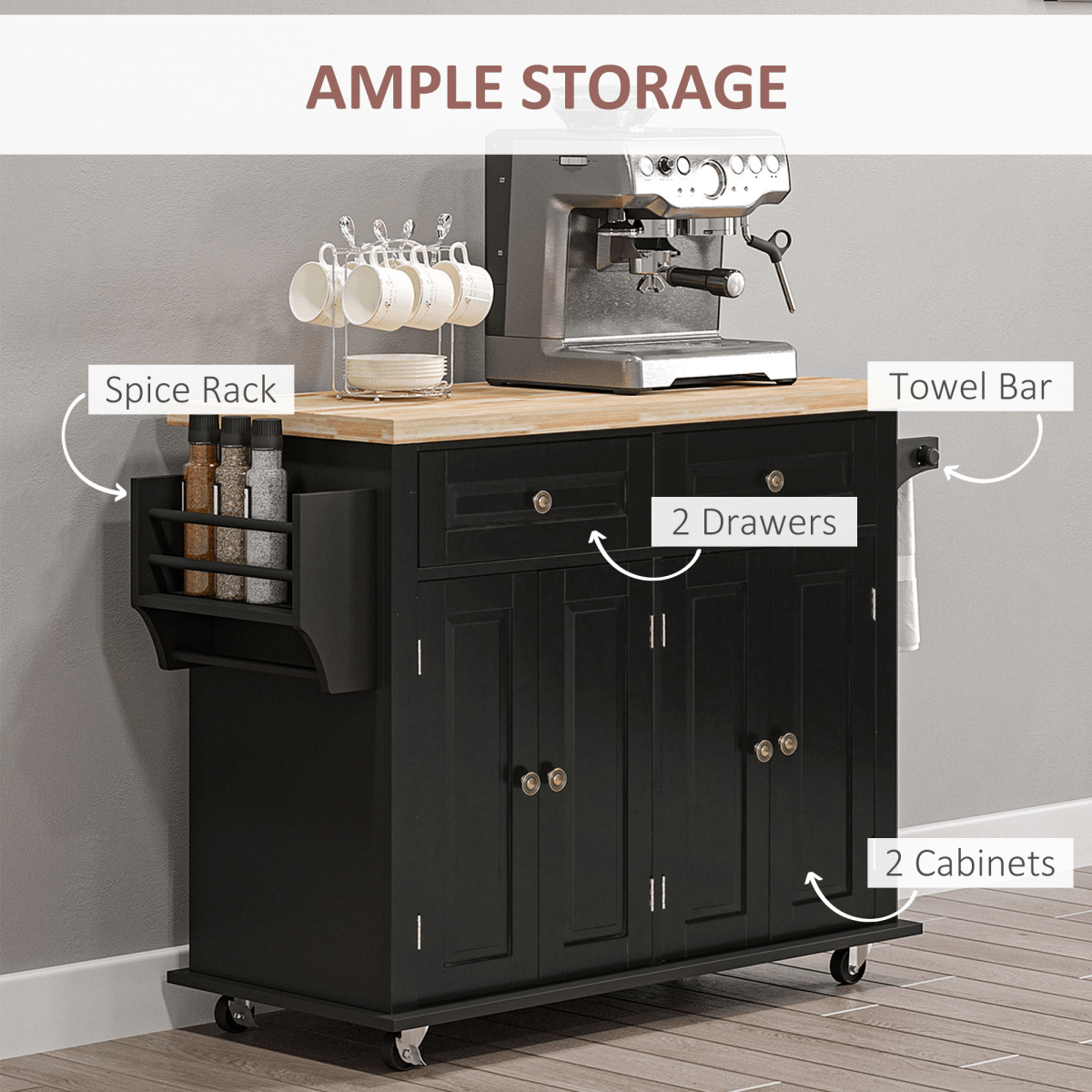 Rolling Kitchen Island Cart with Black Rubberwood Top and Storage Solutions - JP Haus