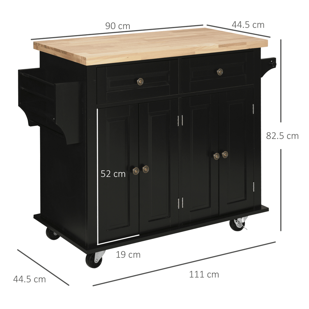 Rolling Kitchen Island Cart with Black Rubberwood Top and Storage Solutions - JP Haus