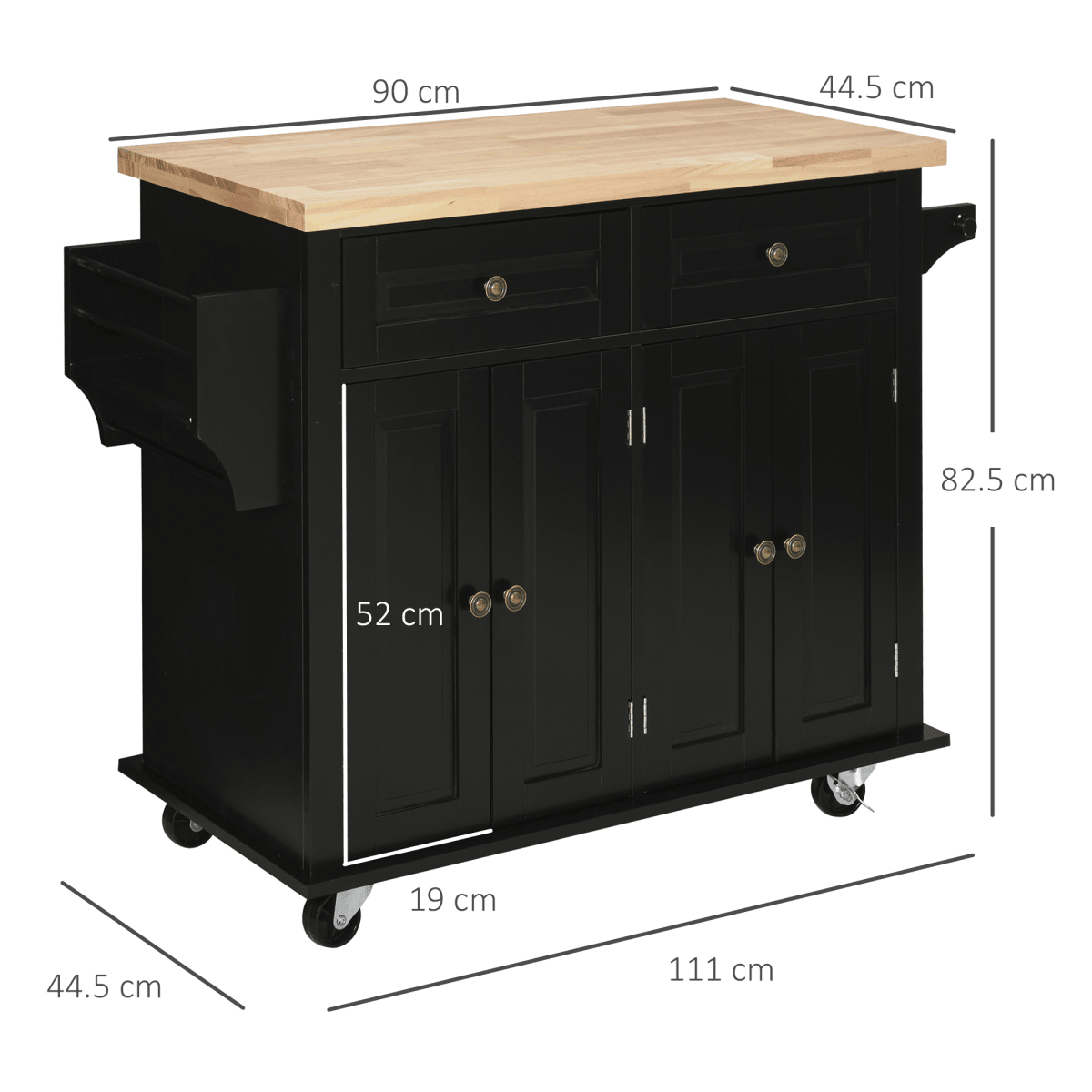 Rolling Kitchen Island Cart with Black Rubberwood Top and Storage Solutions - JP Haus