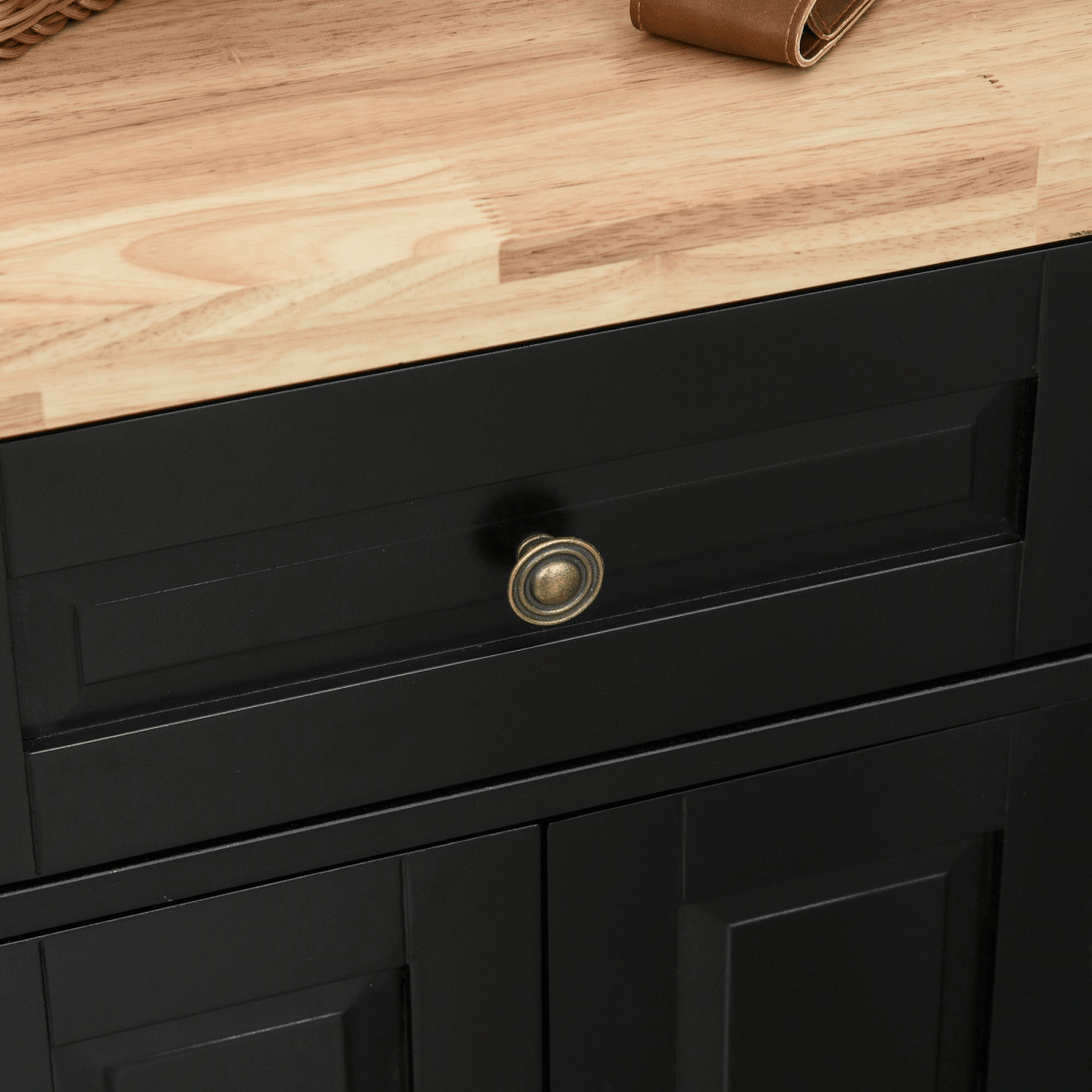 Rolling Kitchen Island Cart with Black Rubberwood Top and Storage Solutions - JP Haus